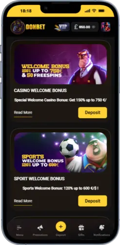 Donbet mobile app showing casino and sports welcome bonuses for UK players