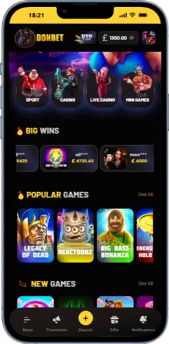 Donbet mobile interface with slot categories and popular games available without GamStop