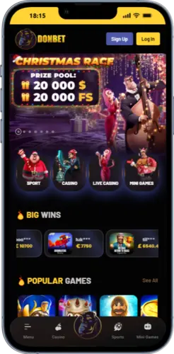Donbet mobile homepage displaying main promotion banner, game sections and big wins